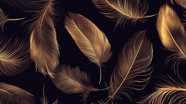 Fototapeta Seamless feather pattern featuring hand-drawn bird quills and golden plumage on a black textile background, showcasing elegant swan and goose wing elements for luxurious decoration