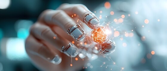 Digital network connecting human and robot hands visualizing the power of AI machine learning and global internet communication to drive innovation data processing and technological progress