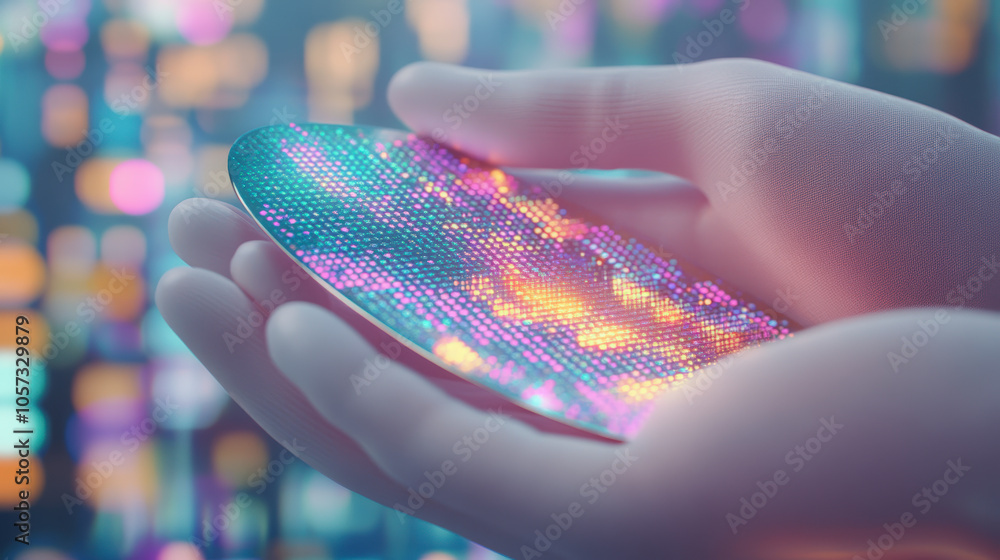 Poster a gloved hand holds a futuristic microchip with a colorful, iridescent surface, set against a blurre