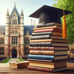 A stack of university books with an academic square cap, wallpaper background