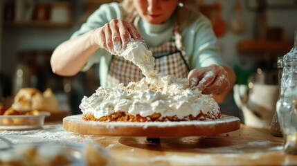 A skillful baker adds the finishing touches to a delicious cake with a generous layer of creamy icing, showcasing culinary artistry in a warm kitchen setting.