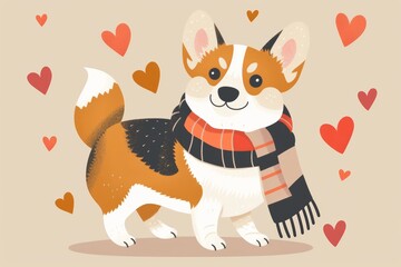 Cozy corgi in scarf surrounded by hearts