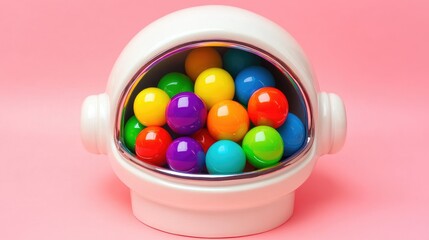 Playful astronaut helmet filled with rainbow-colored balls, set against a soft pink background for a creative and surreal look.