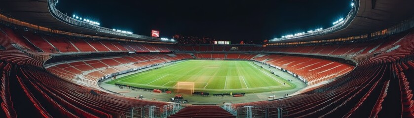 Stadium in the night with green field and floodlights