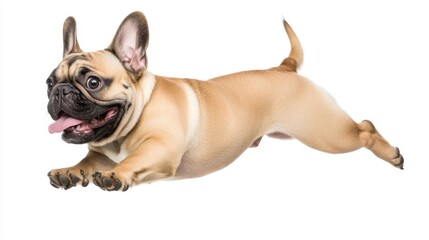 Fototapeta premium Adorable French Bulldog mid-jump, showcasing its playful spirit and joyful expression against a clean white backdrop, perfect for capturing the charm of this breed.