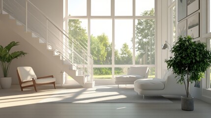 A stylish living room with a white staircase, comfortable seating