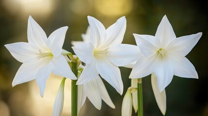 Obraz premium Serene white star-shaped flowers in soft focus, with their delicate petals softly illuminated against a blurred background.