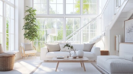 Fototapeta premium A stylish living room with a white staircase, comfortable seating