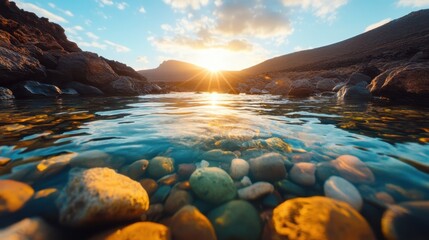 Sunlight reflects off stones in a tranquil stream, as the sun sets in the background, creating a breathtaking and serene landscape painted in warm hues.