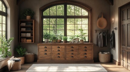 Cozy entryway featuring plants and wooden furniture.