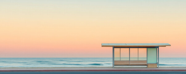 tranquil beachside bus stop at twilight, framed by soft orange sky and gentle ocean waves. serene atmosphere invites relaxation and reflection