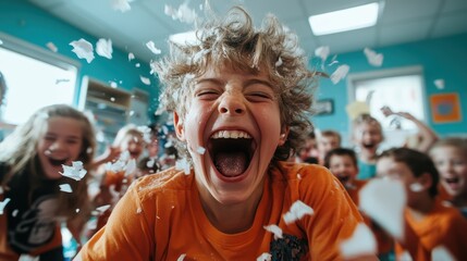 A delighted child is seen laughing with glee while surrounded by friends in a flurry of paper, capturing a moment of indoor play and happiness.