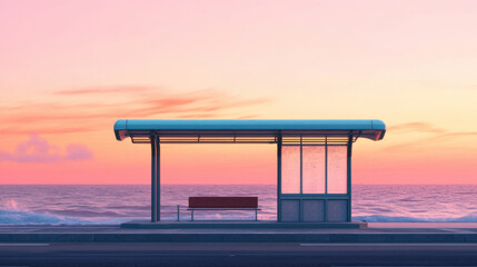 serene beachside bus stop at sunrise, featuring soft pink and orange hues in sky, creates tranquil atmosphere. calm ocean waves enhance peaceful scene