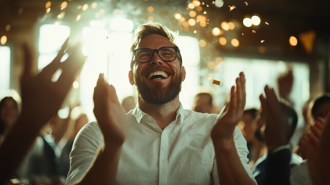 A man wearing glasses is delightfully clapping as confetti sparkles around him, creating a festive atmosphere. The setting is energetic and filled with joy.