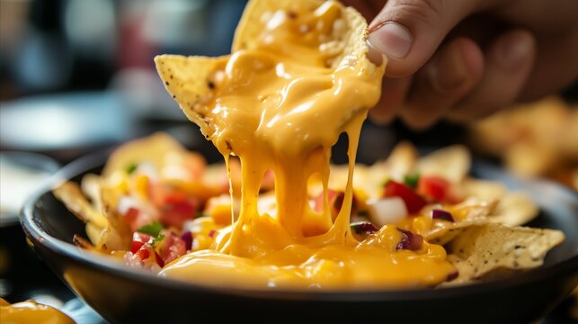 Person is eating a bowl of nachos with melted cheese