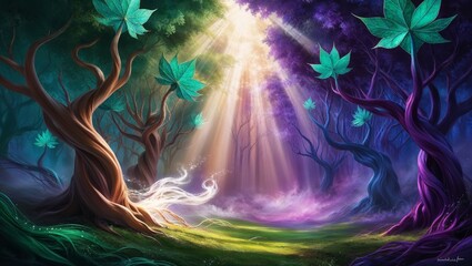 Enchanting forest with ethereal light filtering through trees and vibrant green leaves during twilight hours