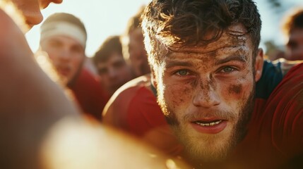 A rugged rugby player, face muddied and sweat-drenched, is captured with an expression of exhaustion and determination while in the midst of the action on field.