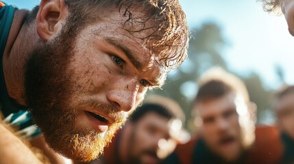 A close-up of a focused rugby player, covered in sweat and mud, planning his next move on the field with teammates blurred in the background, intense atmosphere.
