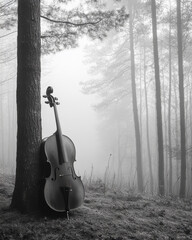 Black and White Image of Cello Leaning Against Tree in Foggy Forest with Soft Diffused Light