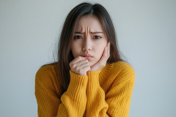 Female unhealthy Sickness, asian young woman, girl unwell and coughing, have cold, sore throat isolated white background suffering with symptom cough feeling bad. Health of Coronavirus, Generative AI