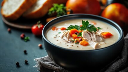 A nourishing bowl of chicken soup with chunks of chicken and vegetables like carrots, seasoned with herbs. Ideal for a comforting lunch or dinner.