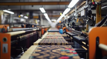 Naklejka premium A vibrant textile factory floor filled with automated looms weaving intricate silk designs,