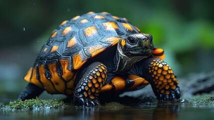 Fototapeta premium A vibrant tortoise with orange and black patterns in a natural setting.