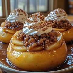 Baked apple dessert with whipped cream and crumble topping.