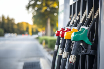 Red, yellow, green fuel nozzles line up at a gas station pump