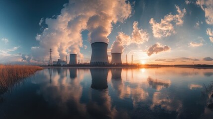 A wide-angle shot of a power plant with its massive cooling towers and energy