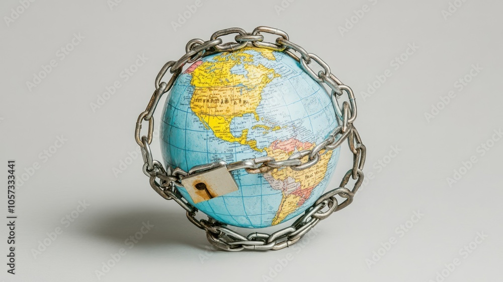 Poster the globe bound by heavy chains and a padlock, emphasizing themes of security while questioning the 