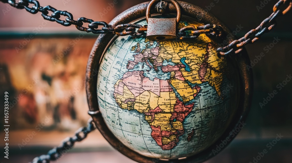 Poster the globe bound by heavy chains and a padlock, emphasizing themes of security while questioning the 