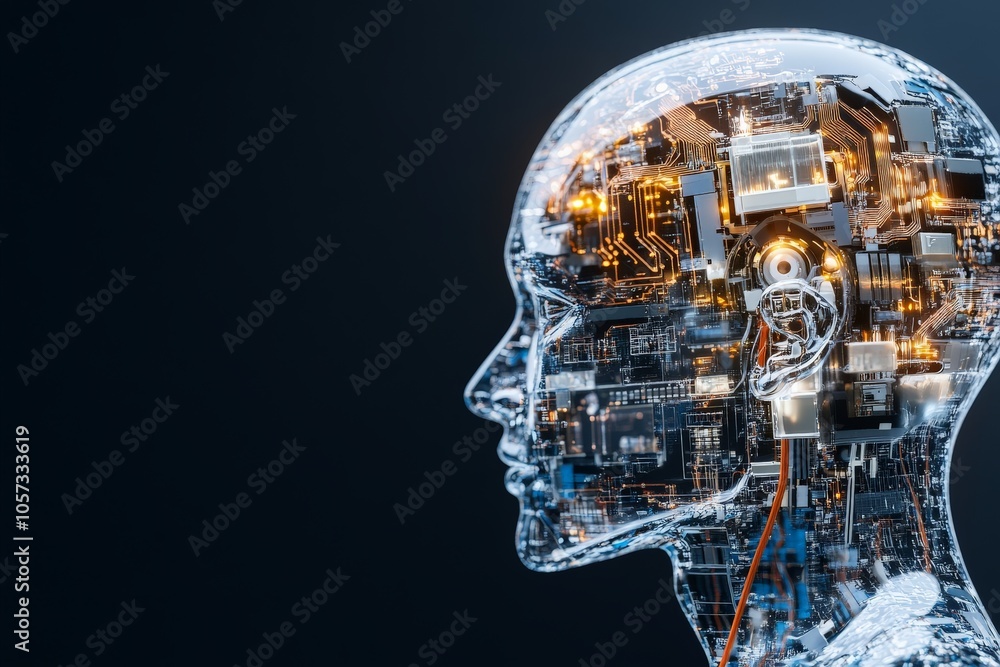 Poster this image features a translucent, digital human head with intricate circuitry and glowing connectio