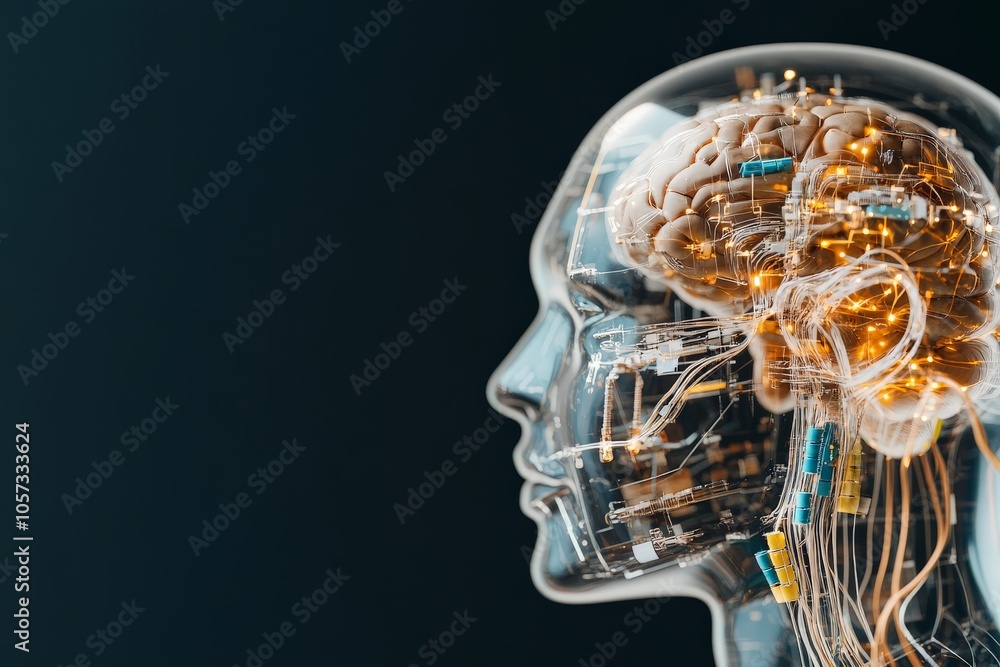 Poster depicts a translucent human head model with a clearly visible brain structure, interwoven with glowi