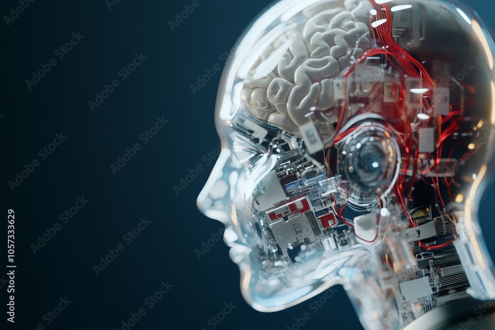 Poster illustrates a transparent digital head with red circuitry paths overlaying the brain area, symbolizi