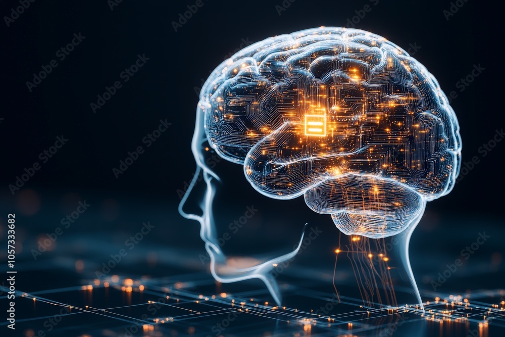 Poster the image showcases a digital brain illustration with interconnected neural networks and interfaces,