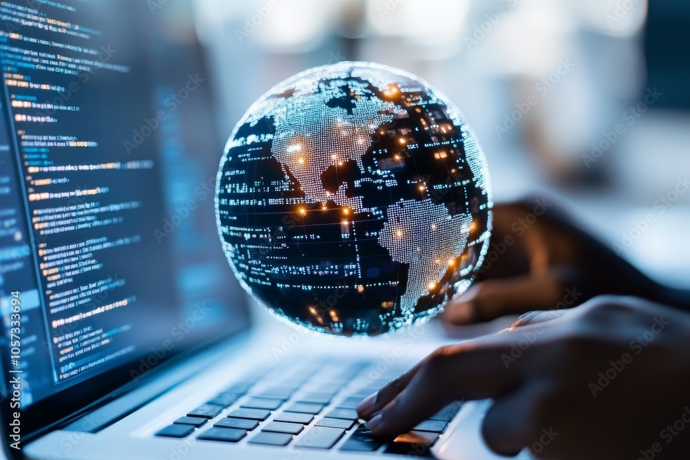 Poster depicts hands working on a keyboard with a holographic globe symbolizing global digital data and net