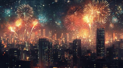 An awe-inspiring scene of fireworks filling the sky over a modern city, the lights from the