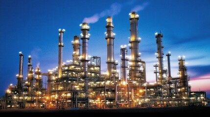 Fototapeta premium The oil refinery's lights illuminate the dusk sky, reflecting off the tranquil seascape, creating a dazzling industrial scene.