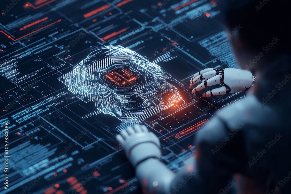 Poster a pair of robotic hands manipulates a sophisticated digital circuit interface, representing the inte