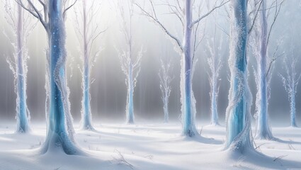 Winter forest landscape featuring frosty trees in a serene setting with soft light filtering through a snowy atmosphere
