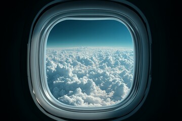 A beautiful view of soft, fluffy clouds captured through an airplane window, presenting a serene and breathtaking scene from high above the sky on a clear day.