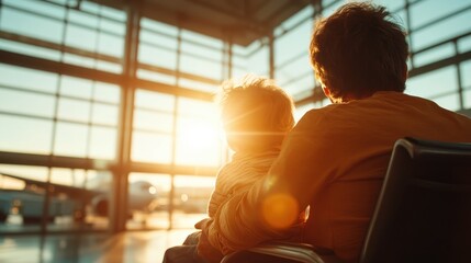 A father lovingly holds his child while observing a sunset through expansive airport windows. The scene is filled with tenderness, hope, and contemplative silence.