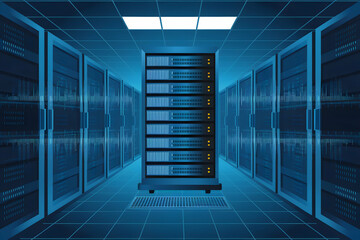 Server racks display binary streams, evoking data management in futuristic tech settings