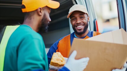 Two men are smiling and one is holding a cardboard box