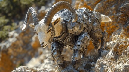 A stylized armored goat climbing rocky terrain.