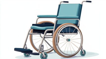 Fototapeta premium Cartoon clipart of patient in wheelchair, flat style, light blue tones, isolated on white, healthcare support concept