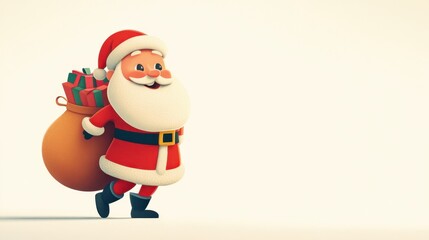 Obraz premium Cartoon Santa with rosy cheeks, grinning as he carries a big bag of presents, designed with bright colors and playful details, isolated on white.