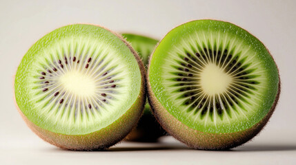 Close-up of two halved kiwifruits with vibrant green flesh and visible black seeds on a neutral background.