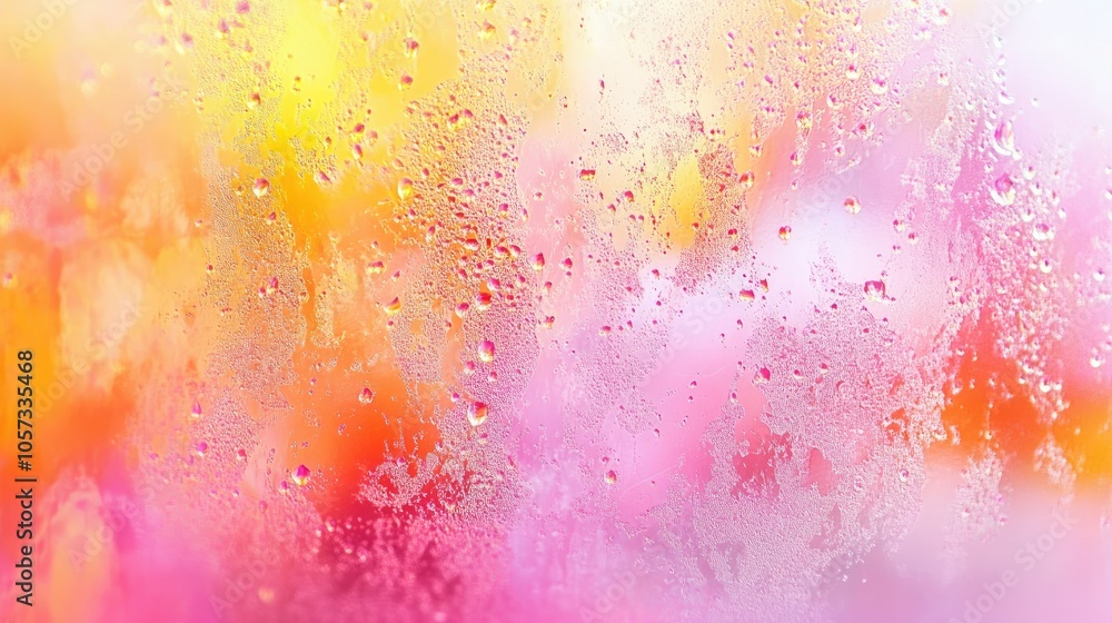 Poster water droplets on glass with multicolored bokeh in the background, creating an abstract, visually ri